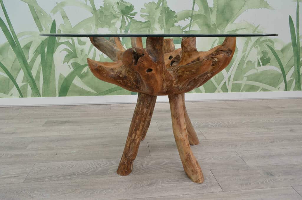 1.2m Round Teak Root Dining Table with Glass Top - Seats 4-6 People