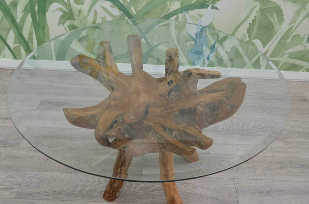 1.2m Round Teak Root Dining Table with Glass Top - Seats 4-6 People