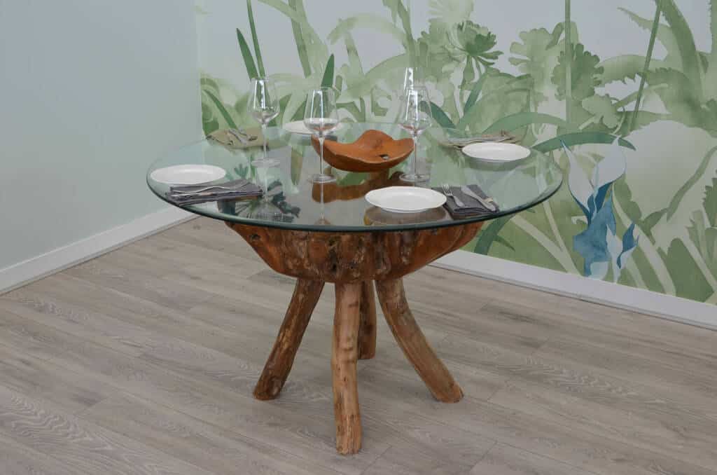 1.2m Round Teak Root Dining Table with Glass Top - Seats 4-6 People