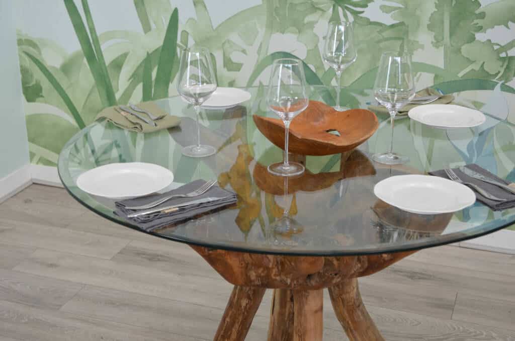 1.2m Round Teak Root Dining Table with Glass Top - Seats 4-6 People