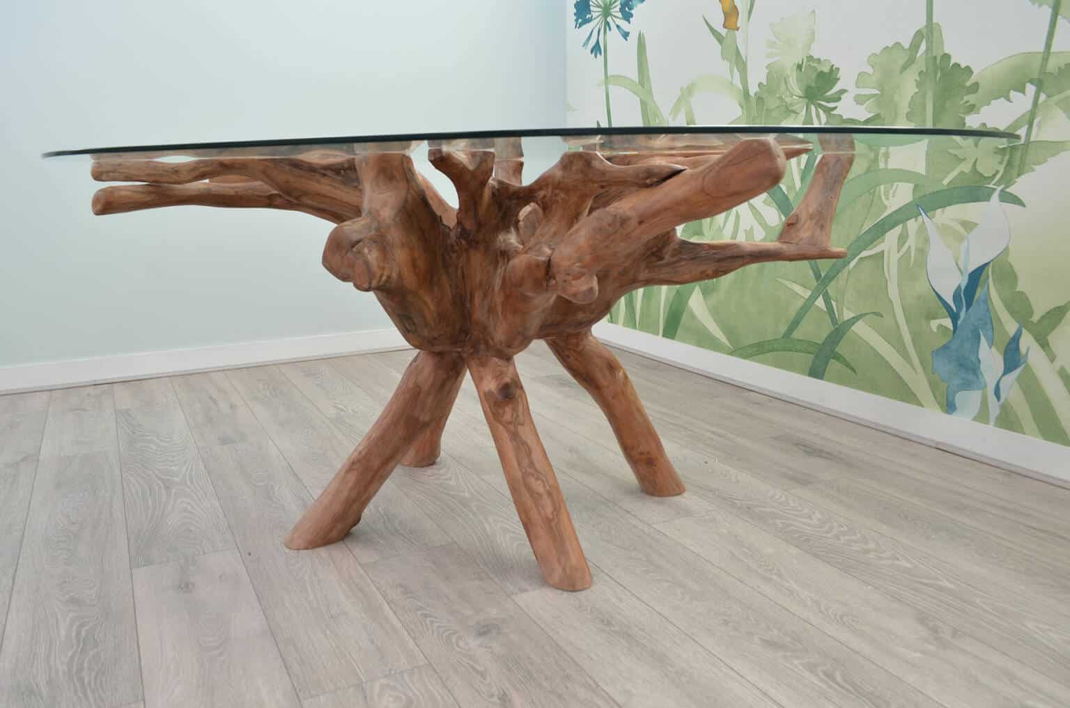 1.8m Oval Teak Root Dining Table with Glass Top - 6-8 Seater Table ...