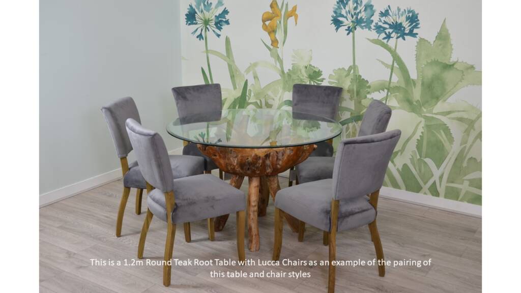 Grey Velvet Lucca Chairs and a Teak Root Table