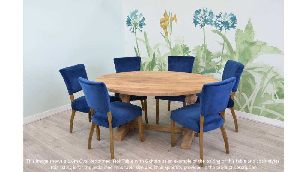 Blue velvet Dining chairs and a reclaimed teak table