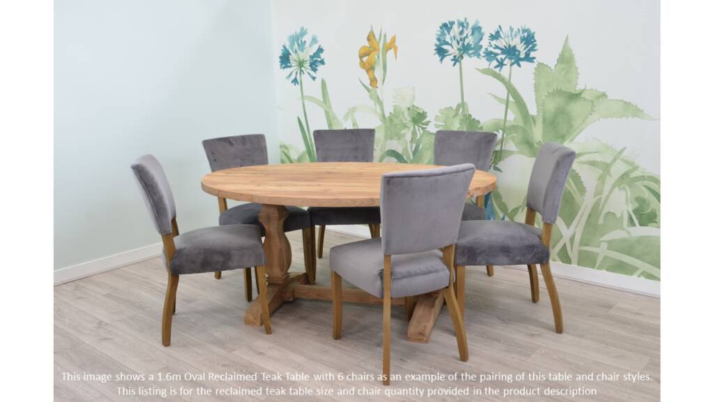 Grey velvet Lucca chairs with oak legs and a reclaimed teak table